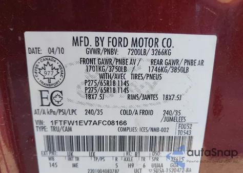 2010 Ford F-150 Fx4/Harley-Davidson/King Ranch/Lariat/Platinum/Xl/Xlt z USA, uszkodzony, nr VIN 1FTFW1EV7AFC08166